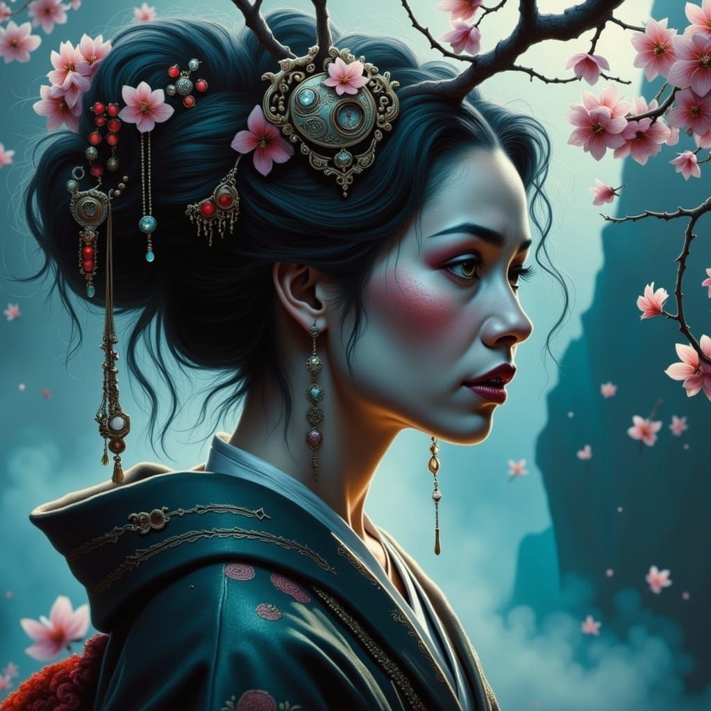 Ethereal Geisha in Junji Ito's Haunting Style