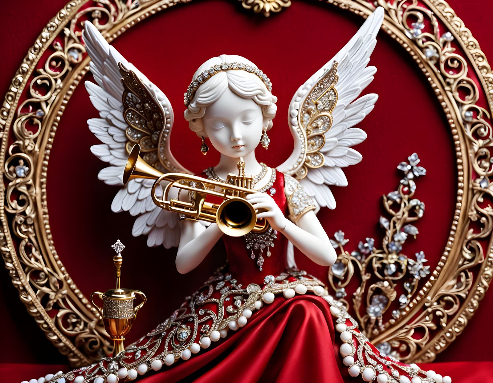 Ornate Angel Figurine with Trumpet on Red Fabric