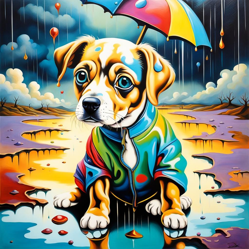 Surreal Dog Walks in Rainy Landscape, Dali Style
