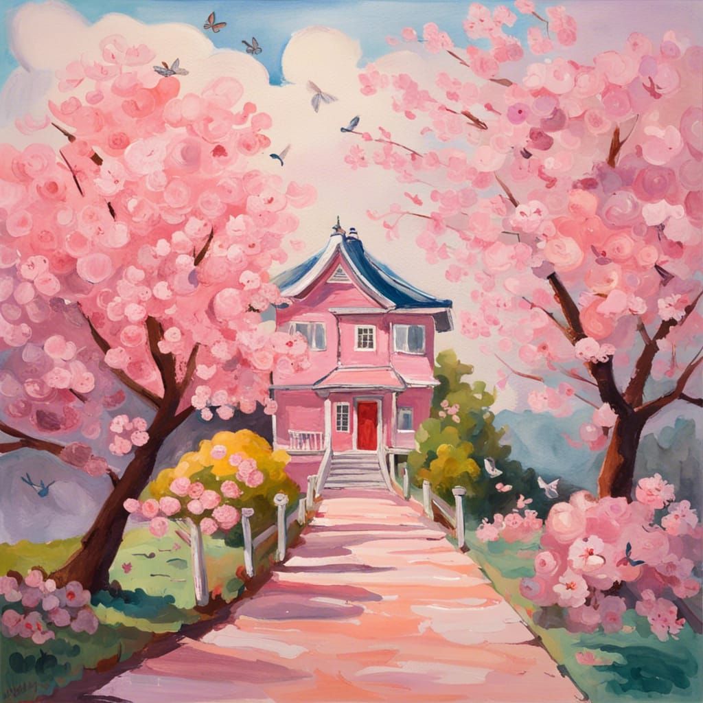Pink House in the Sky: Gouache Impressionist Painting