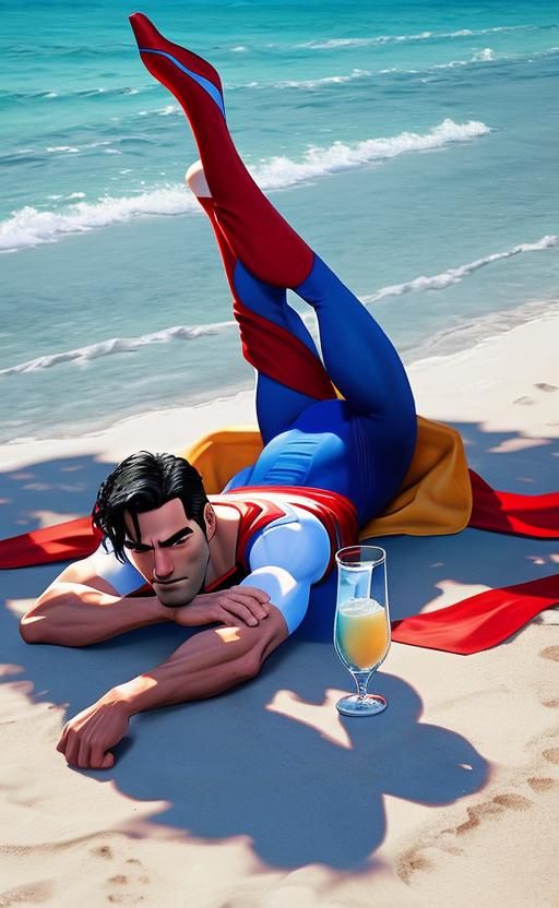 Superman wearing just a speedo costume on laying on a snow-white beach 🏖️ drinking a 🍸