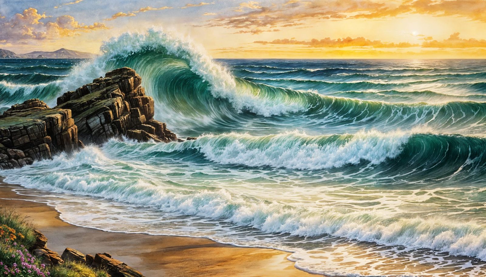Waves Crashing in Watercolor Style