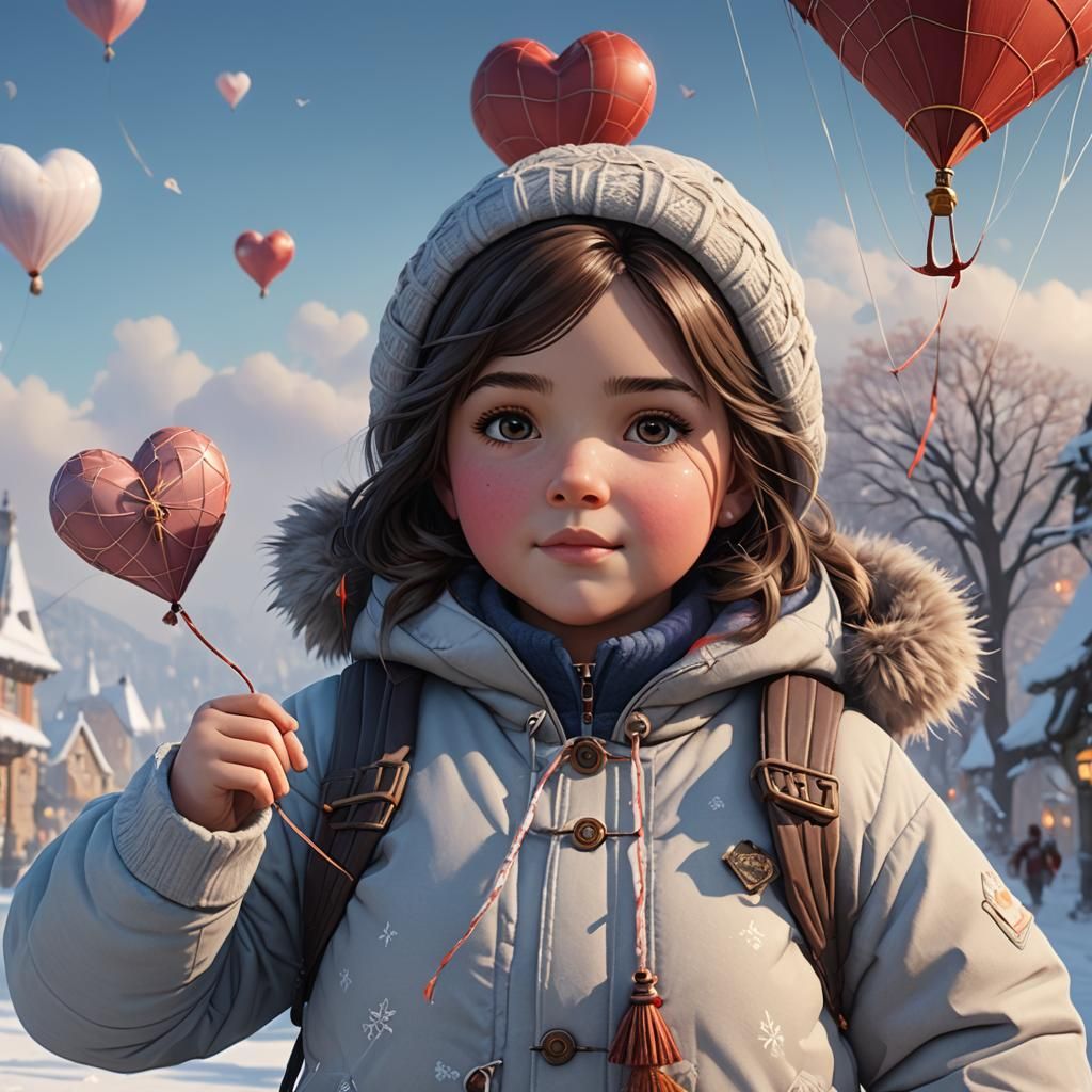 Girl with Heart Kite in Winter Fantasy Scene