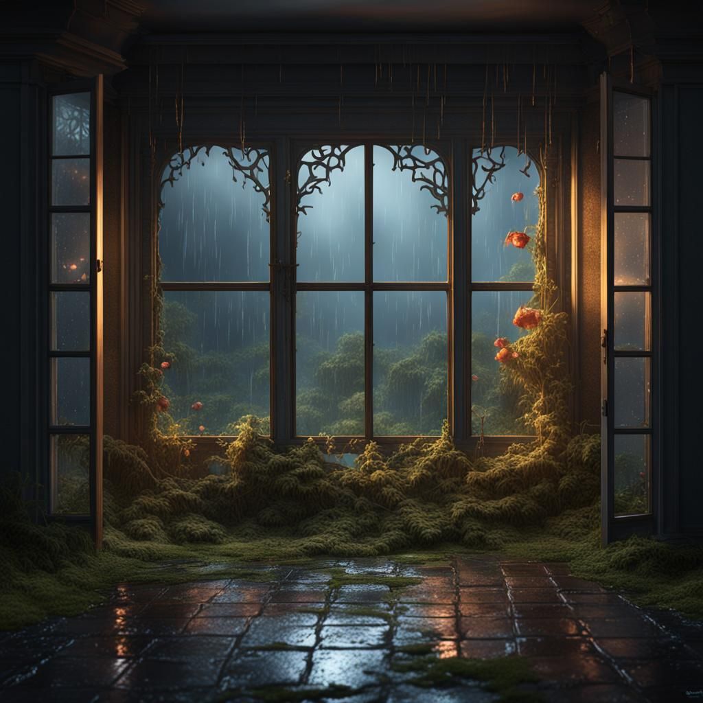 Rainy Day Window View: Detailed Matte Painting