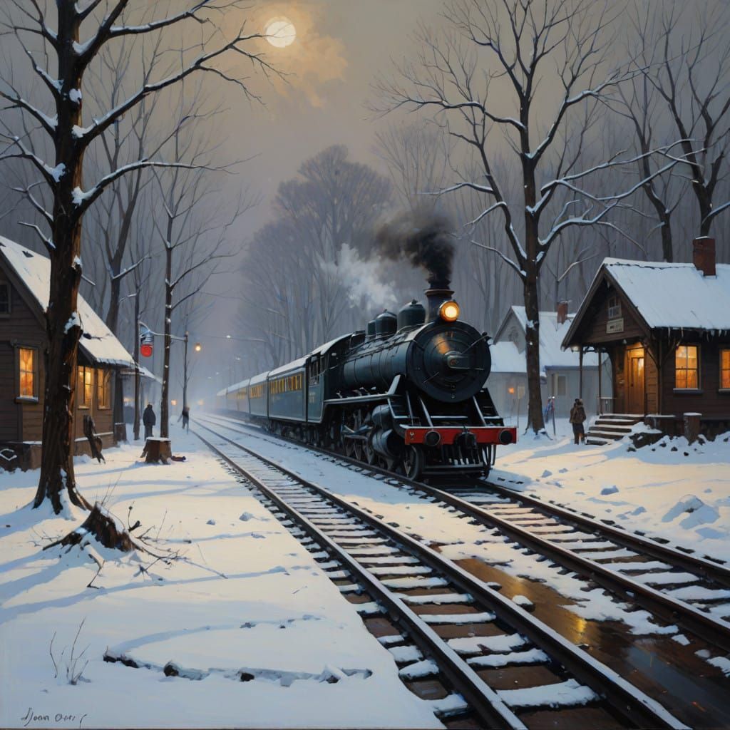 Surreal Oil Painting of a Snowy Station at Dawn