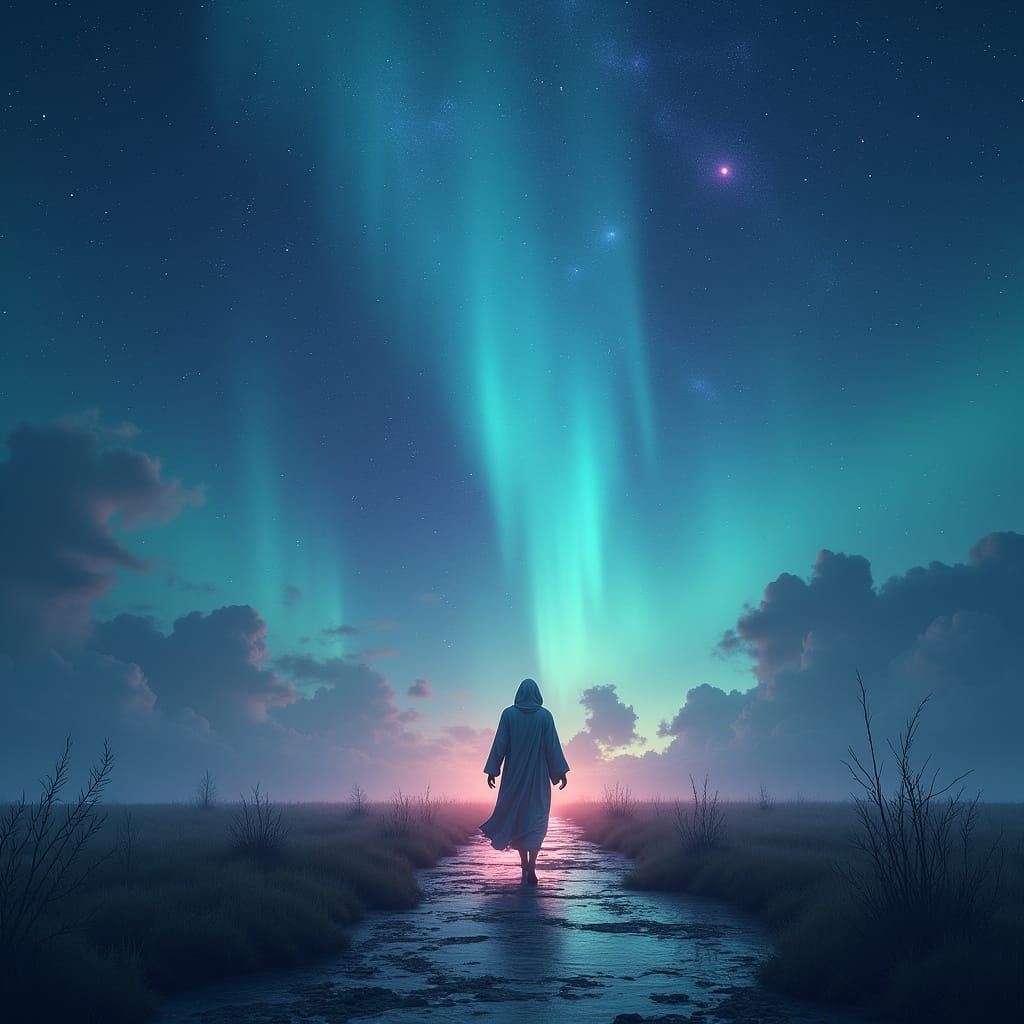 Luminous Path Under Cosmic Sky in Digital Art Style