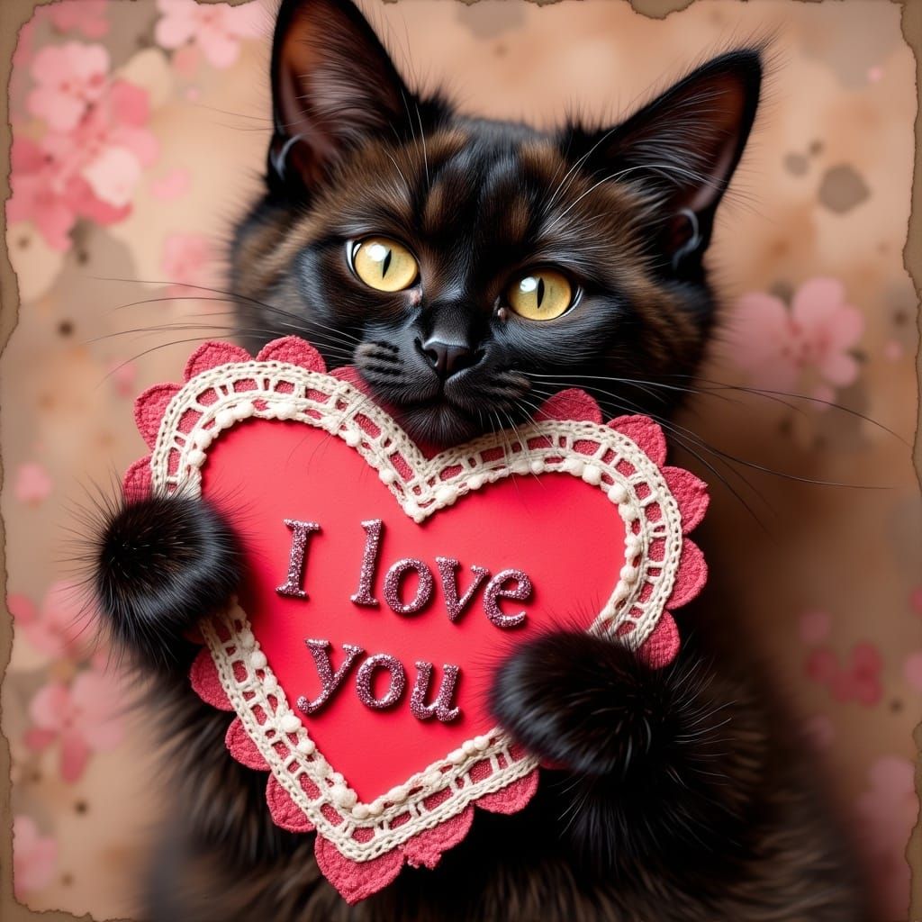 A Black Siamese Cat Holds a Valentine's Day Card in a Delica...