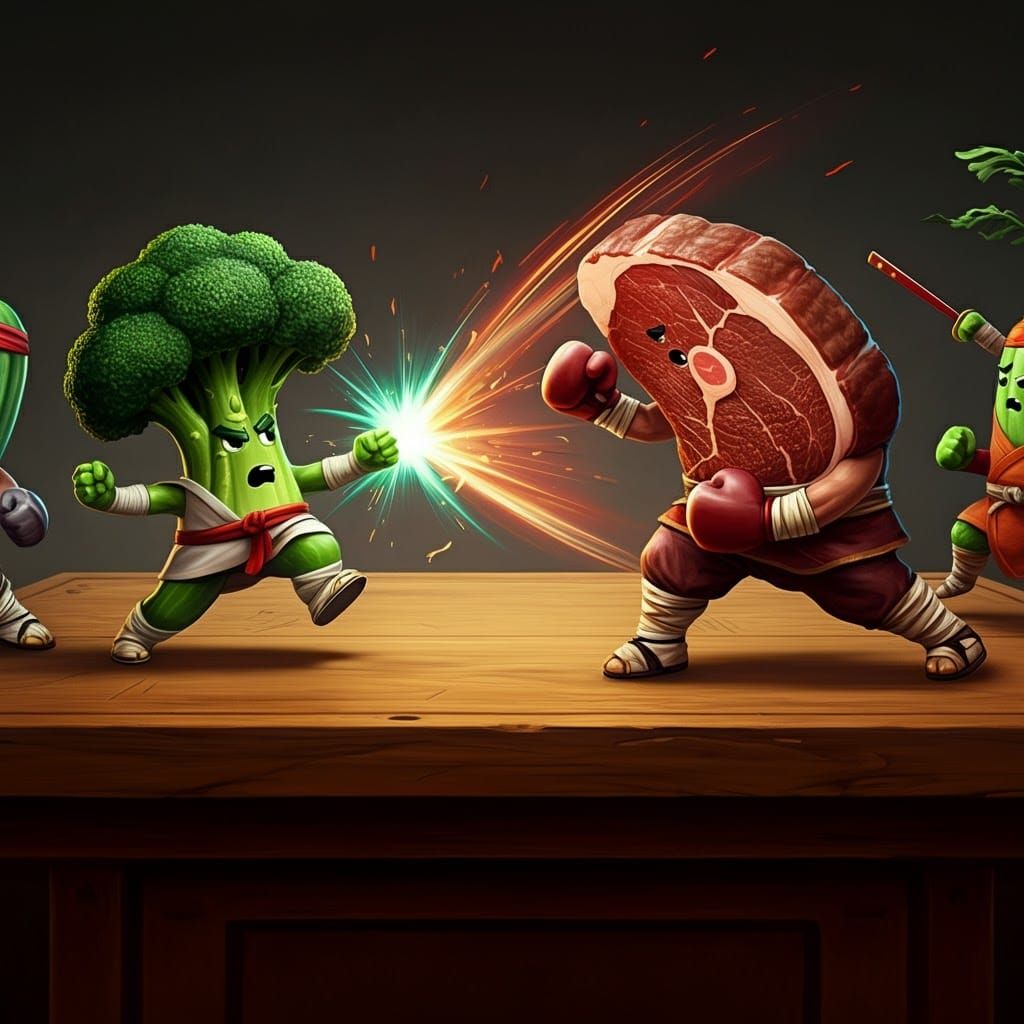 Epic Kungfu Food Fight: Vegetables vs. Meats