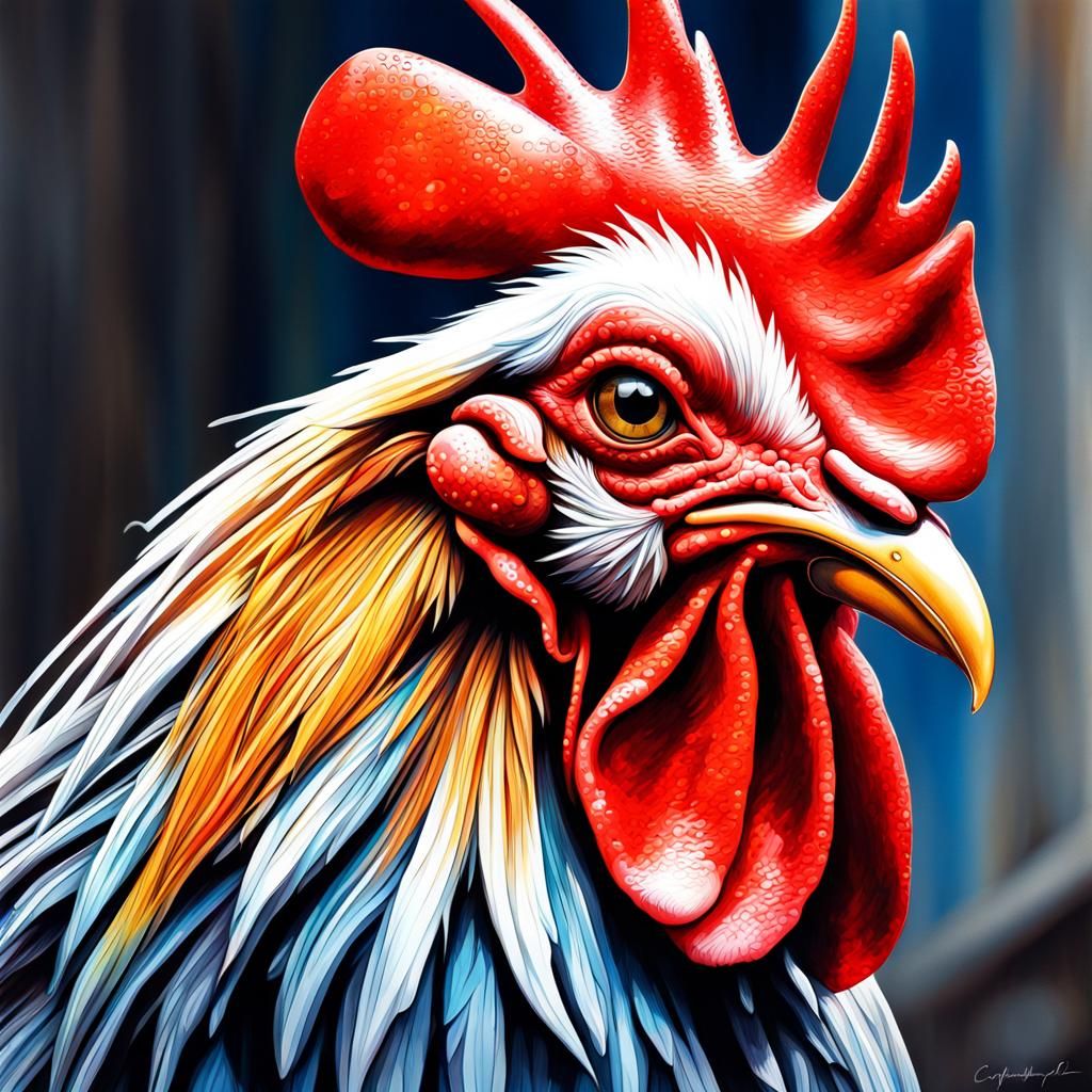 Hyperrealistic Rooster in Gouache and Graffiti Style