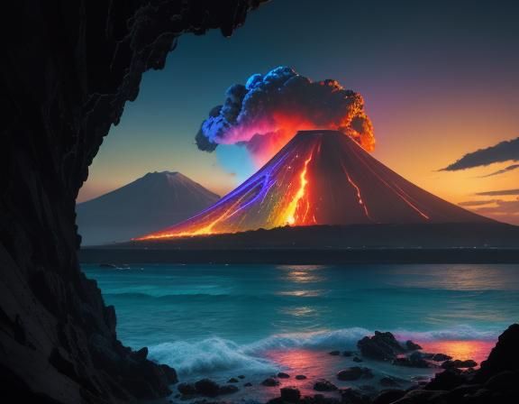 Tropical Island City with Volcano in Digital Matte Painting