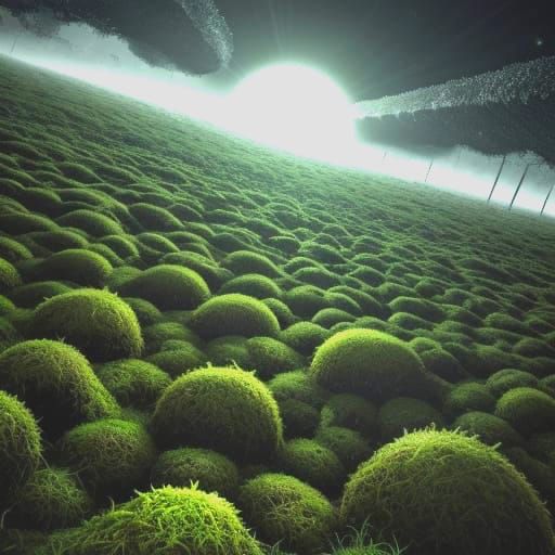 an endless row of moss covered broken skulls disappears in a...