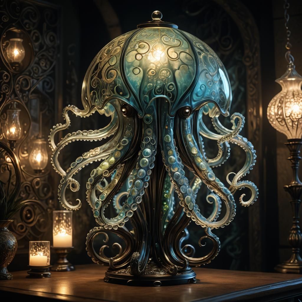 Glass Octopus Lamp: Fantasy Sculpture in Mystical Realism