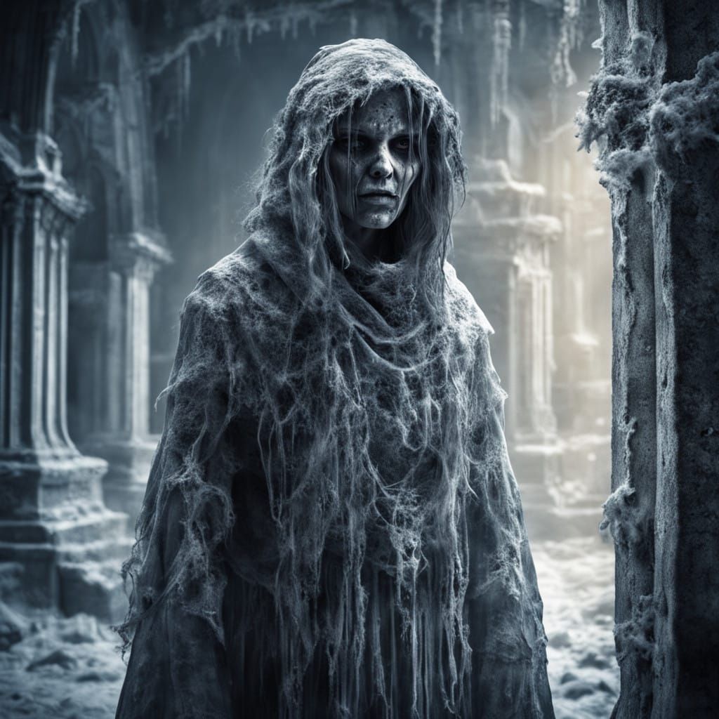Ethereal Woman in Frozen Crypt, Hyperrealistic Ghoul Portrai...