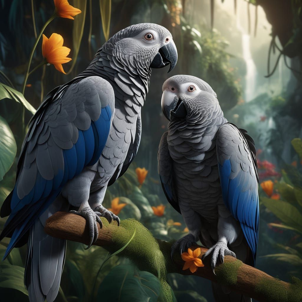 Romantic African Grey Parrots in Vibrant Jungle Paradise