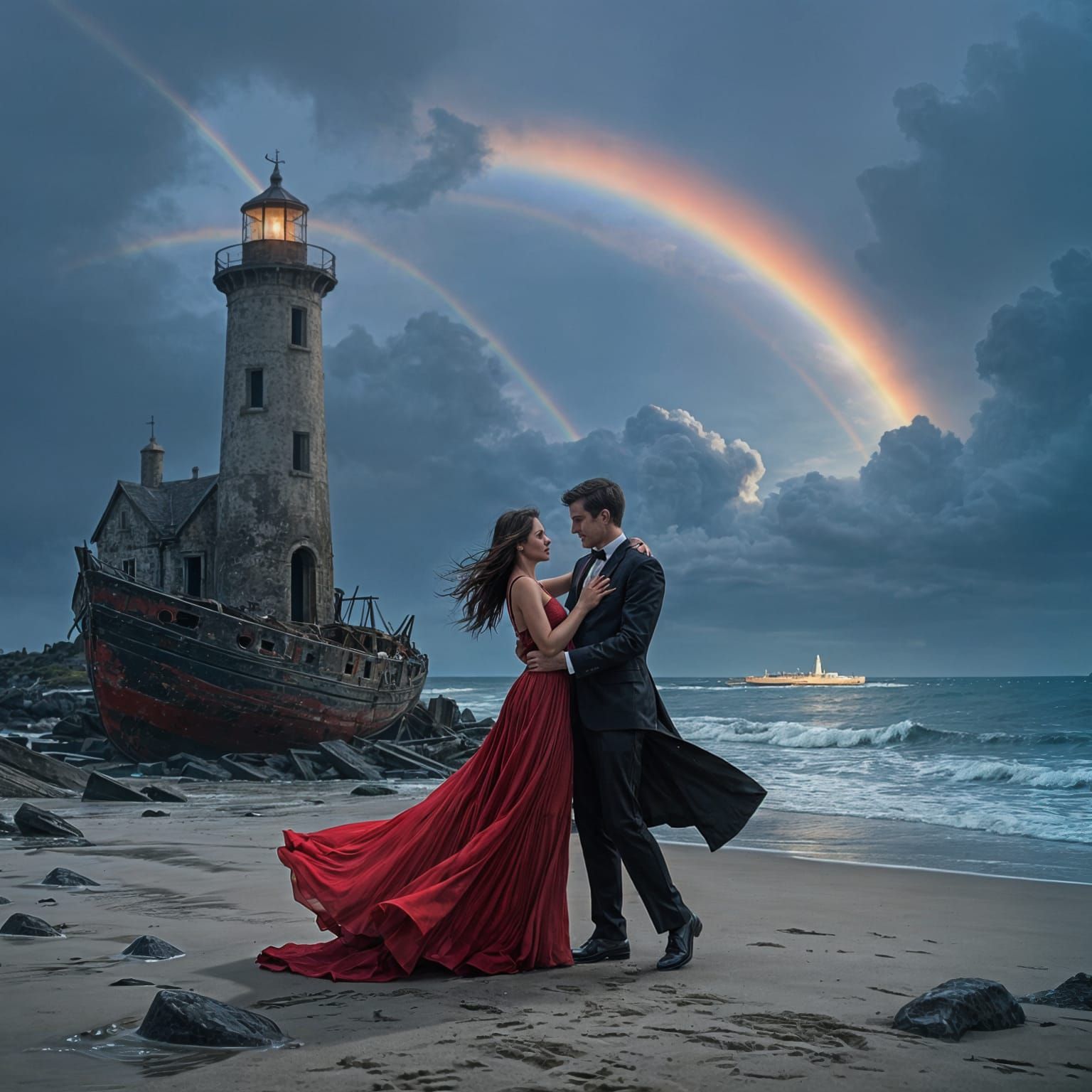 Couple Dancing on Abandoned Beach with Rainbow