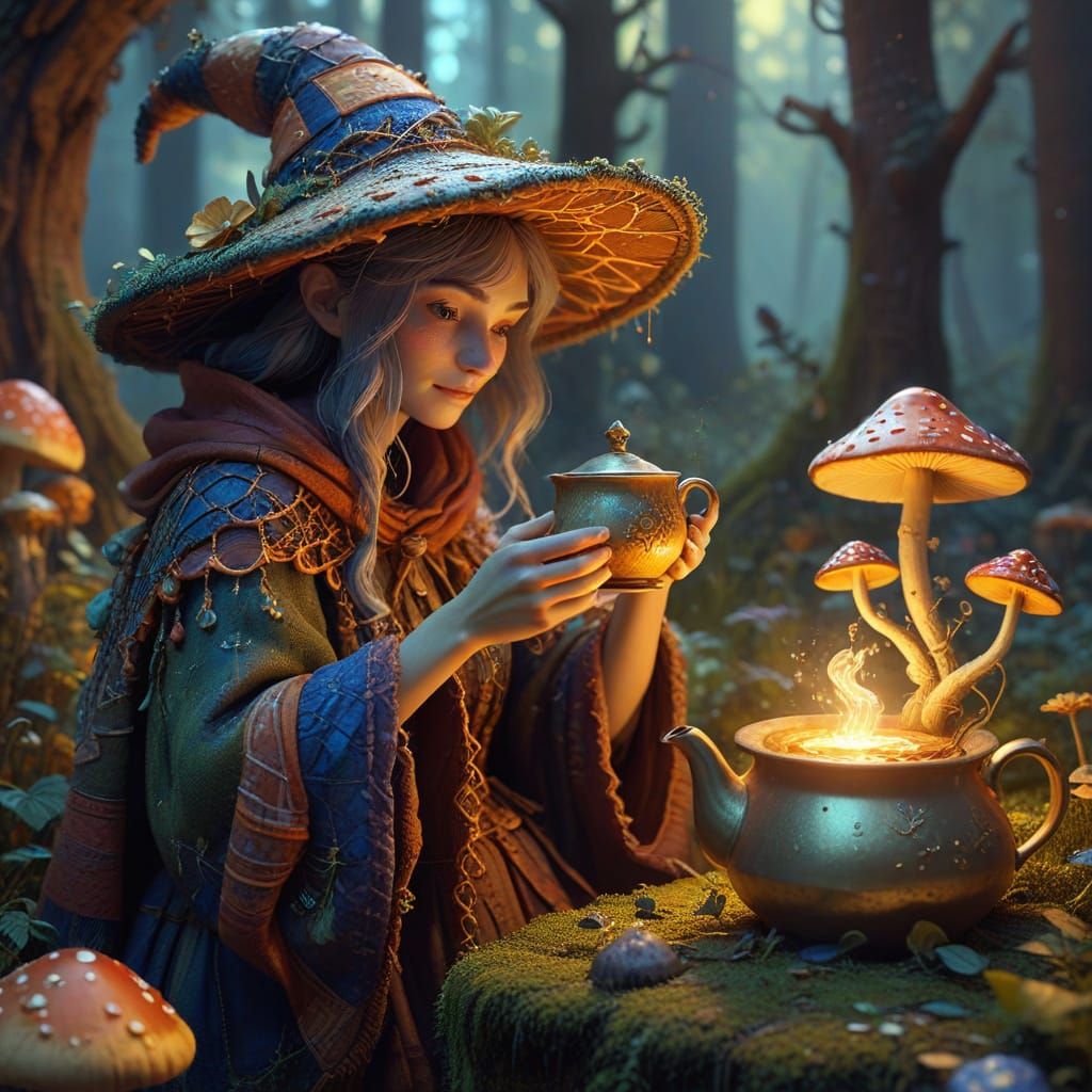 Gentle forest witch making potion for a cure