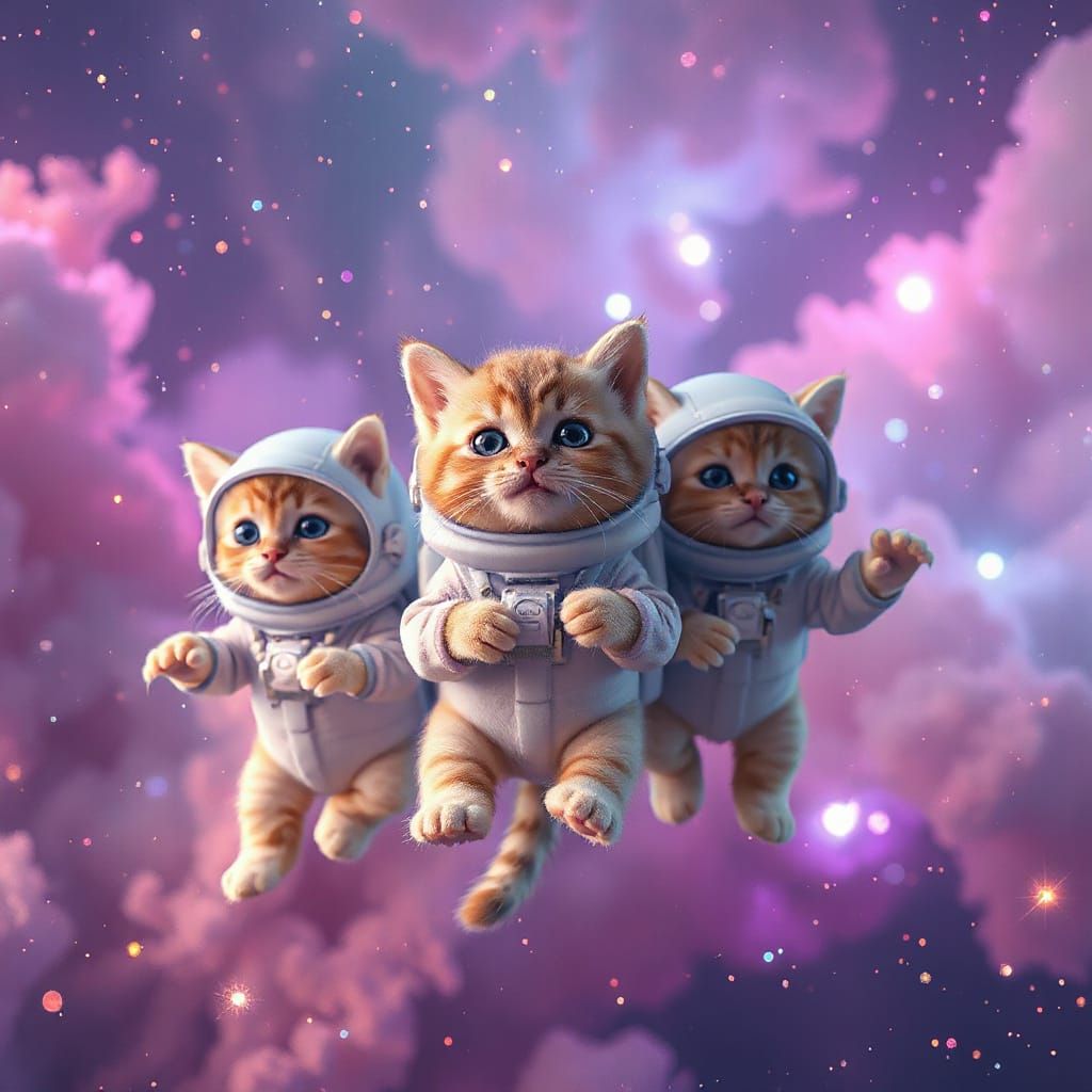 Kittens in Space Suits Floating Through Nebula