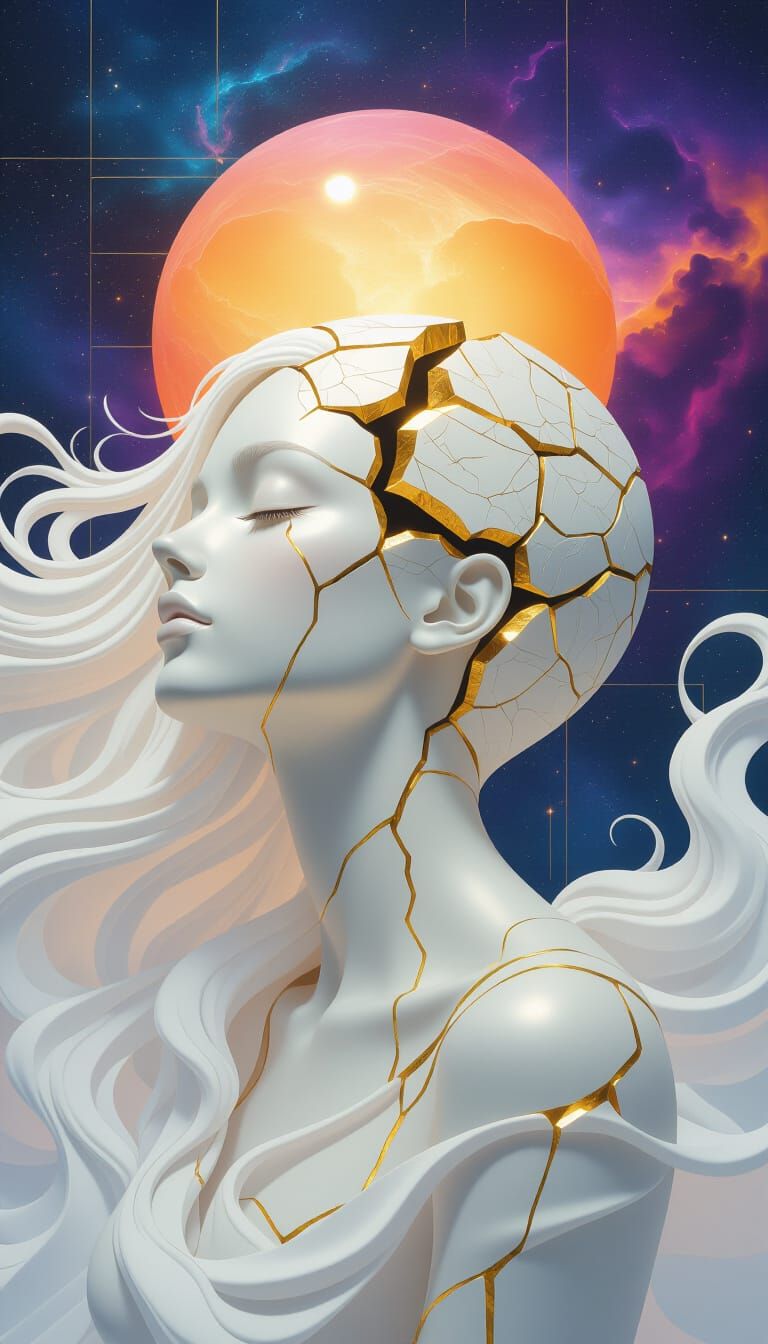 Dreamlike Fractured Female Form with Cosmic Nebula