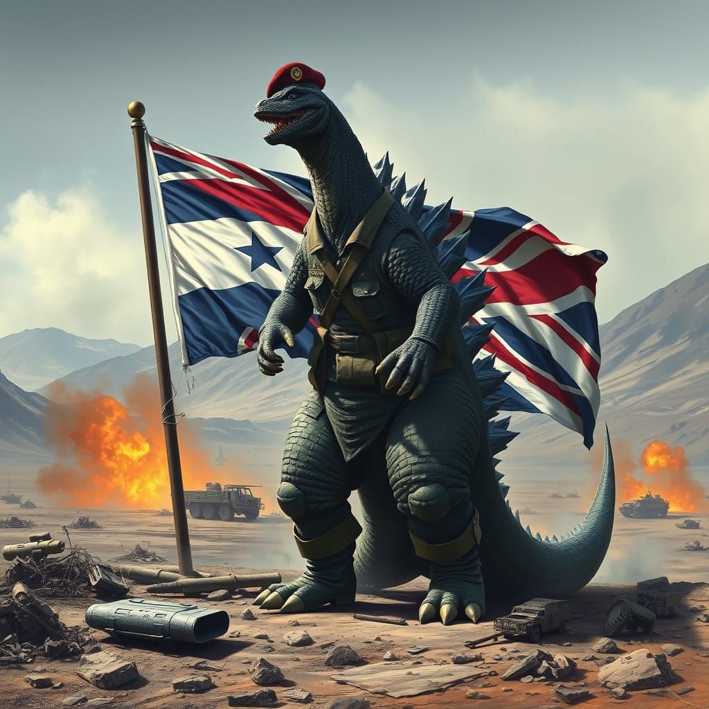 Godzilla in British Army Uniform, Falkland Islands Battlefie...