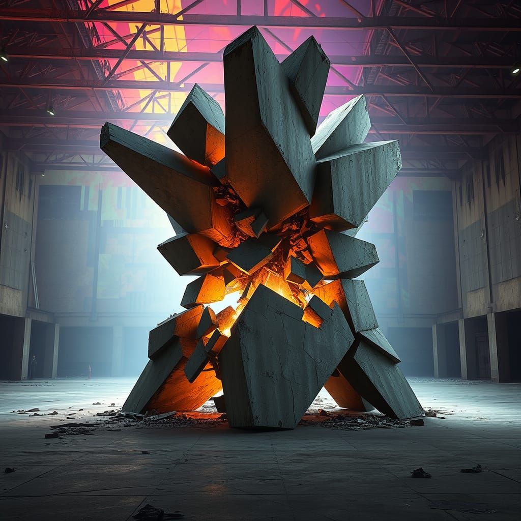 Abstract sculpture made of concrete, rusted steel beams, sha...