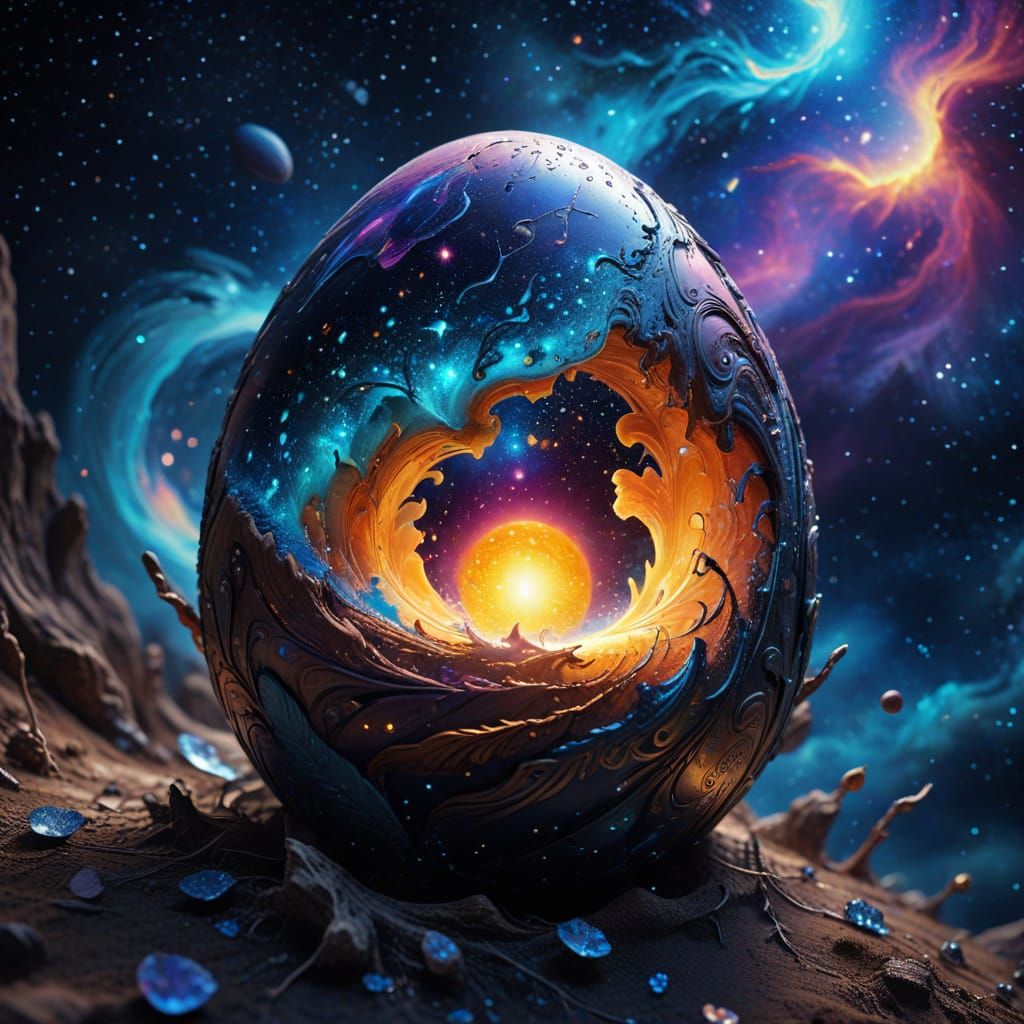 Surreal Cosmic Easter Egg Radiates Vibrant Aura in Starry Ni...