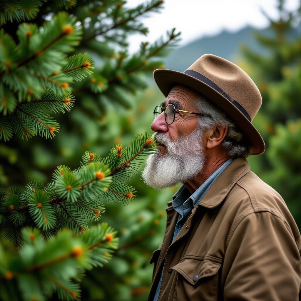 Man Experiencing the Scent of Cedar Trees