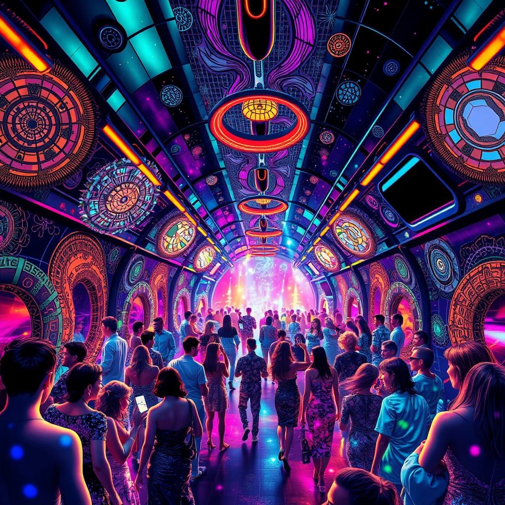 Glowing Space Station Party in Vibrant Iridescent Hues