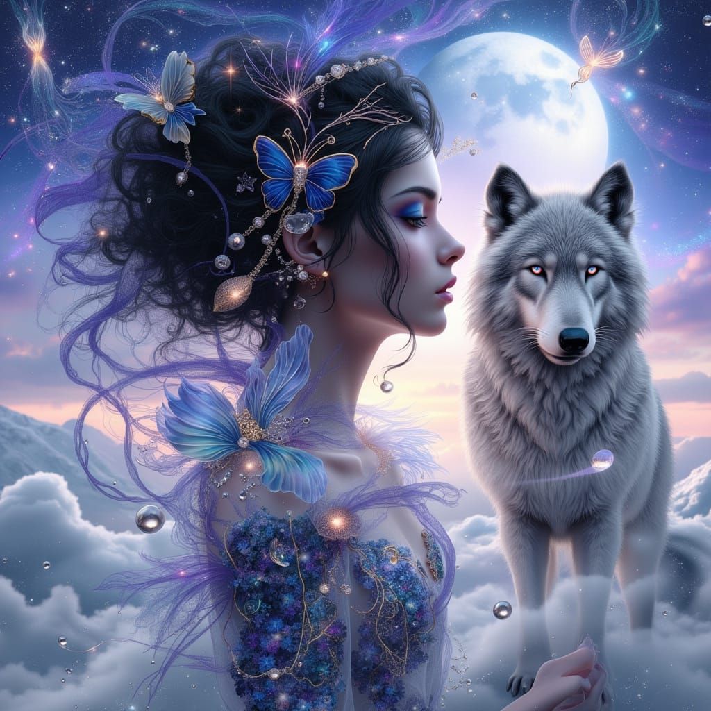 Woman and Wolf on Snowy Mountain, in Surreal Style