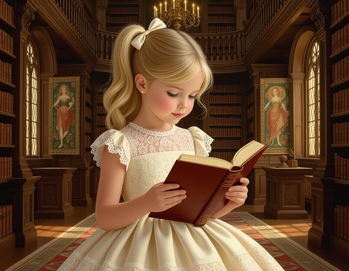 Girl Reads in Castle Library, Whimsical Digital Art