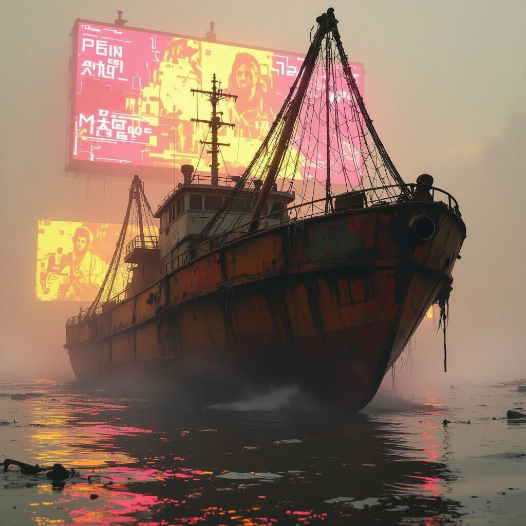 Rusted Hover-Barge Drags Glitching Net Through Holographic F...