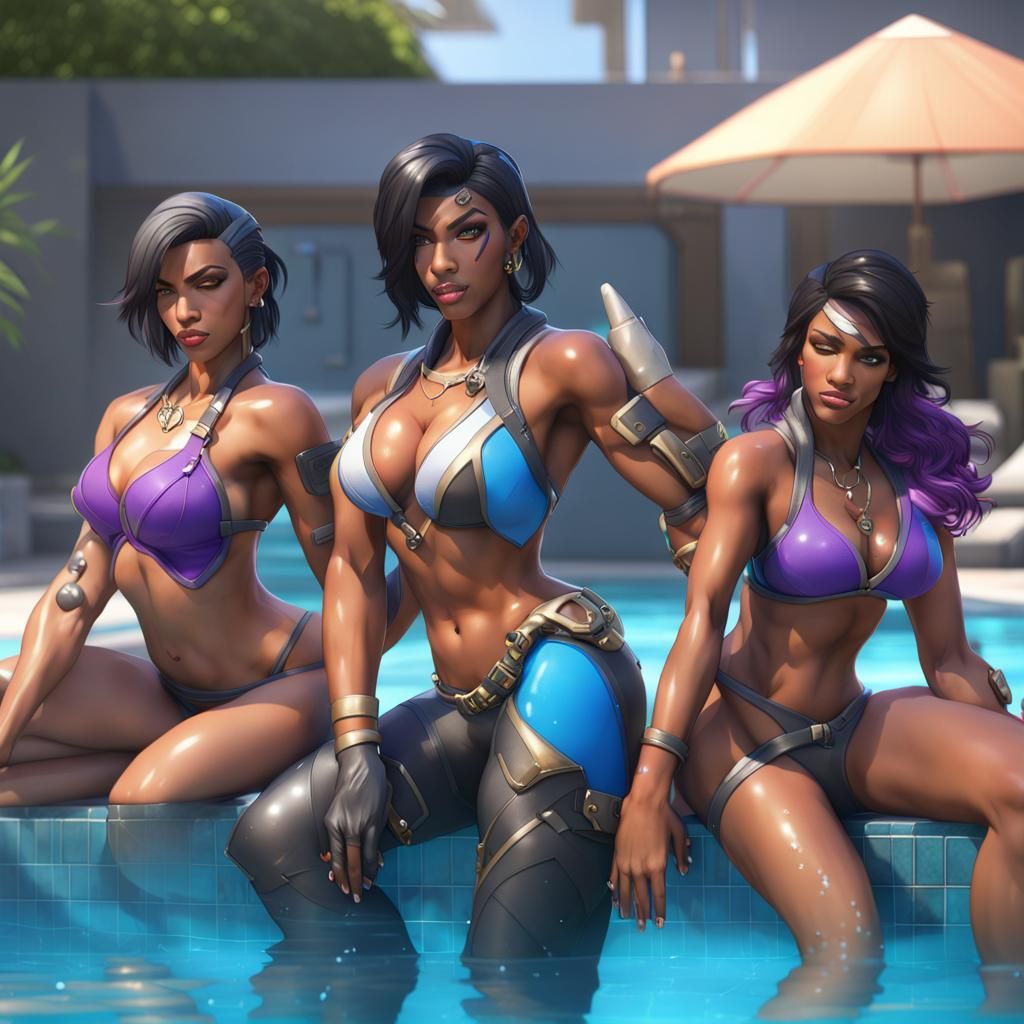 Overwatch Characters in Swimsuits by the Pool