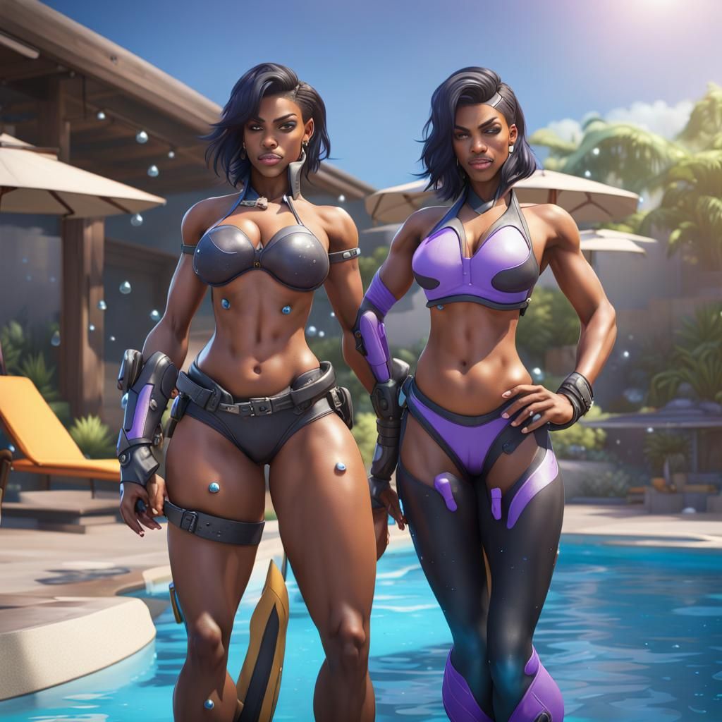 Overwatch Characters in Swimsuits by a Pool
