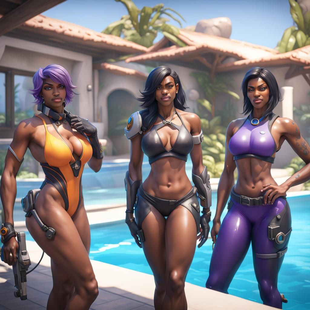 Overwatch Characters in Bikinis by Pool, Detailed Digital Ar...