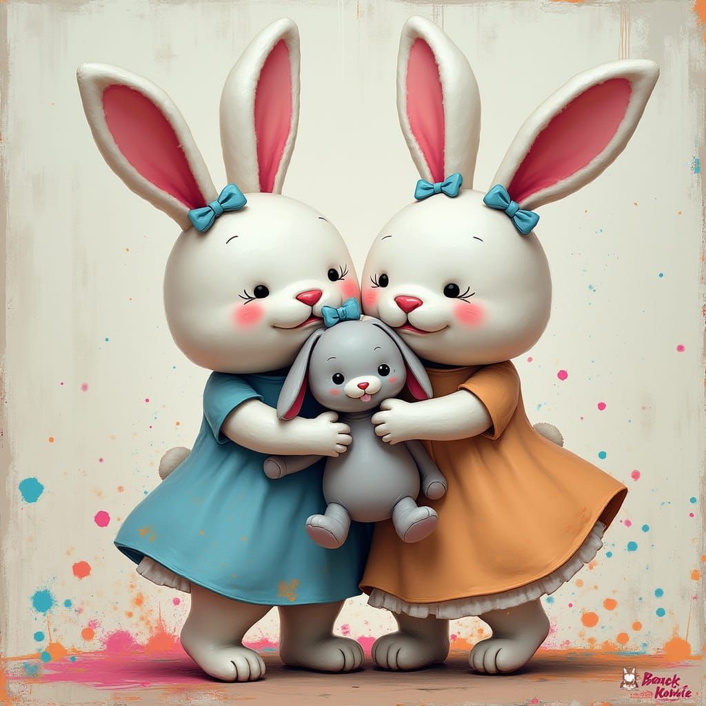 Pastel Bunnies Hugging Plush Toys in Graffiti Scene