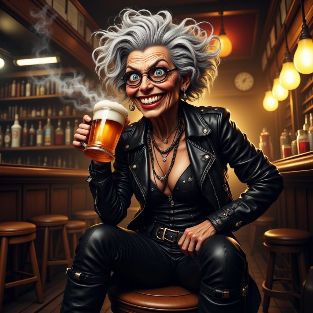 Vibrant Biker Granny Smokes Beer in Hyperrealistic Art