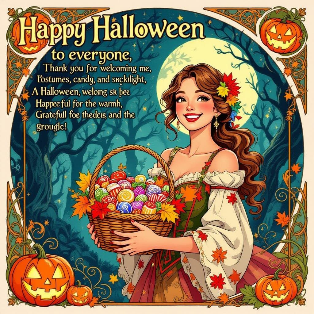 Art Nouveau Halloween Welcome with Candy and Moonlit Forest