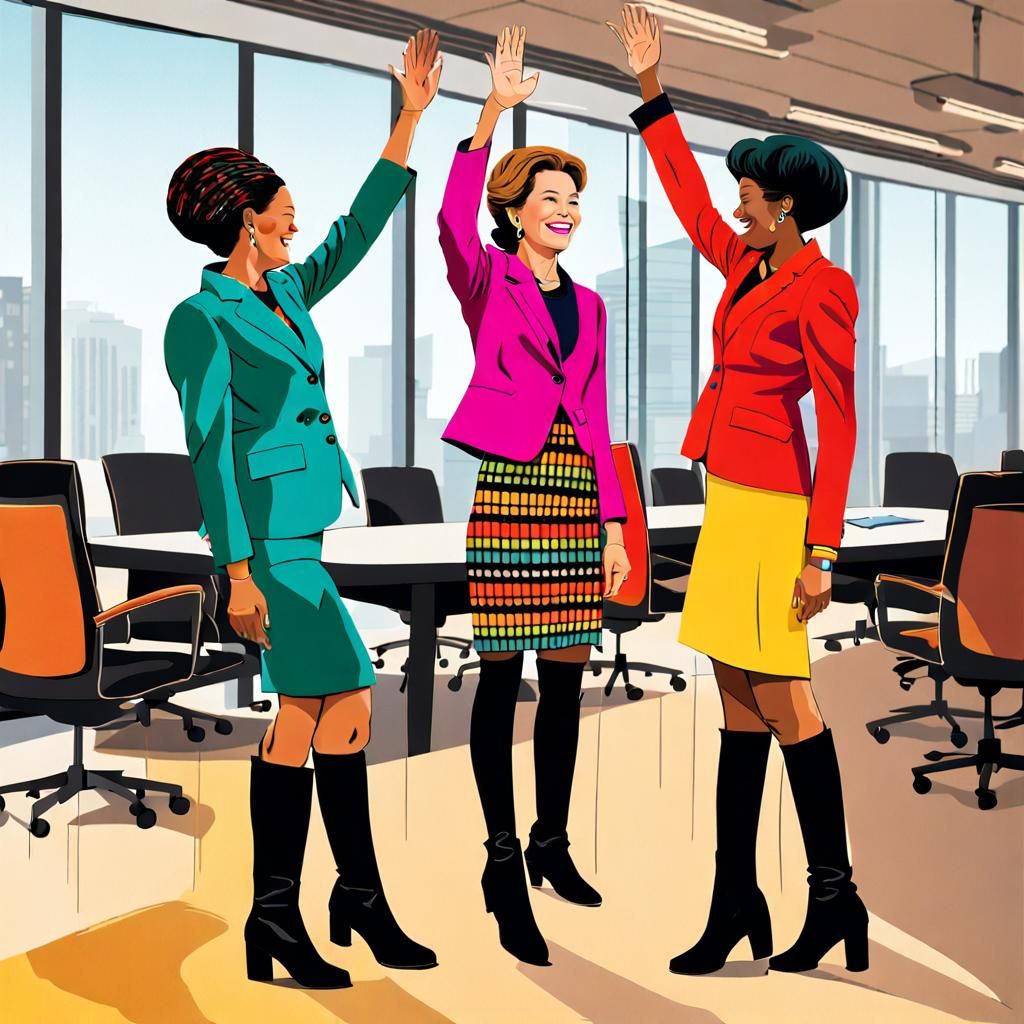 Two Women in Skirt Suits High-Fiving in Boardroom
