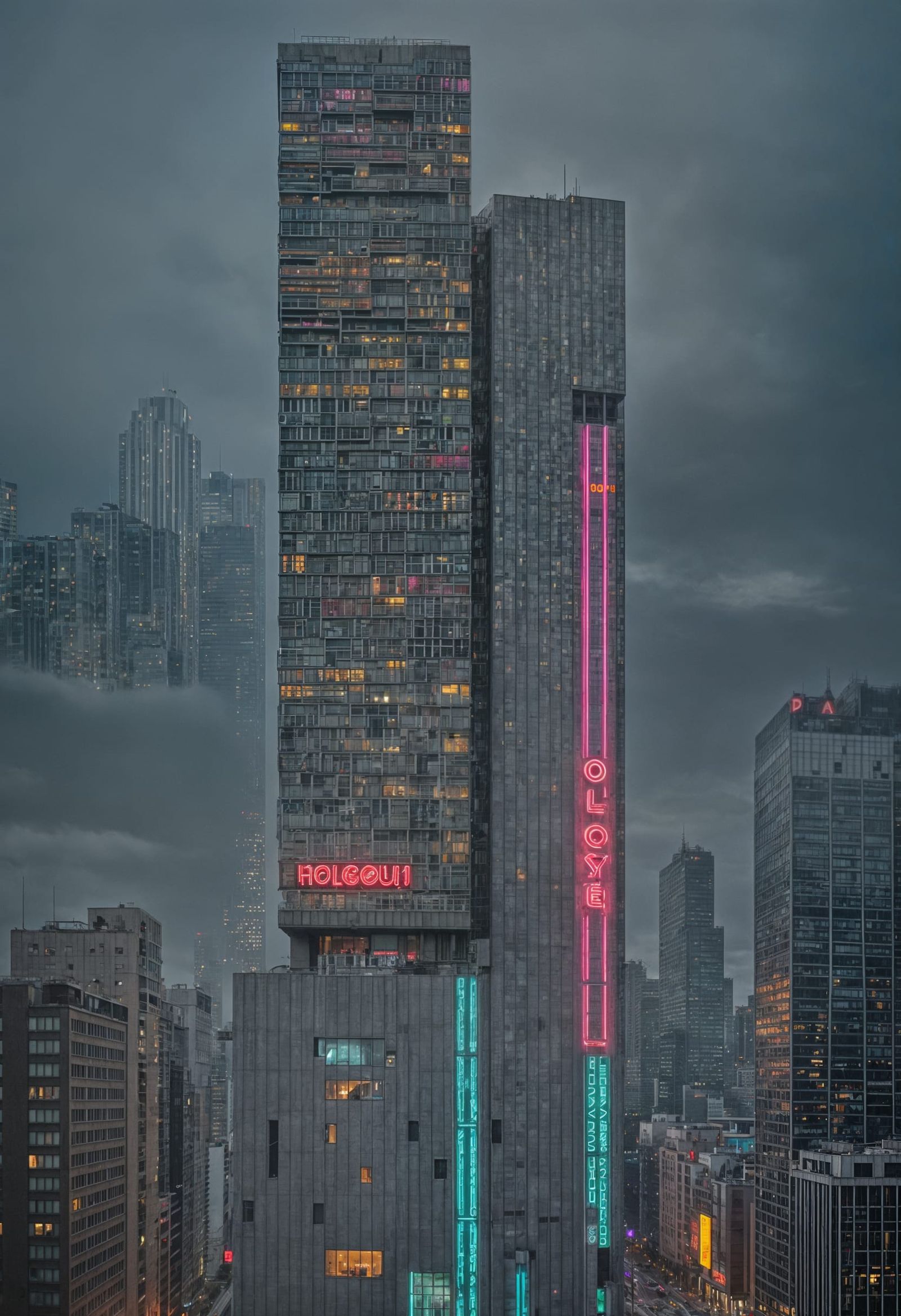 Brutalist Skyscraper with Holographic Ads in Downtown