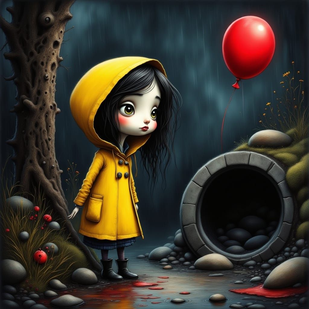 Coraline in Yellow Jacket by Sewer, Red Balloon