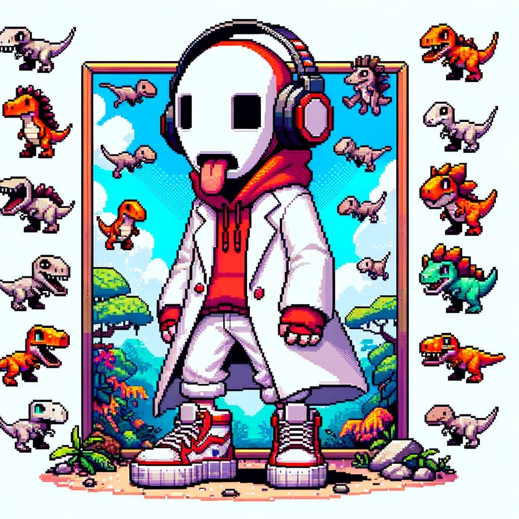Pixel Art Character in Jungle with Dinosaurs