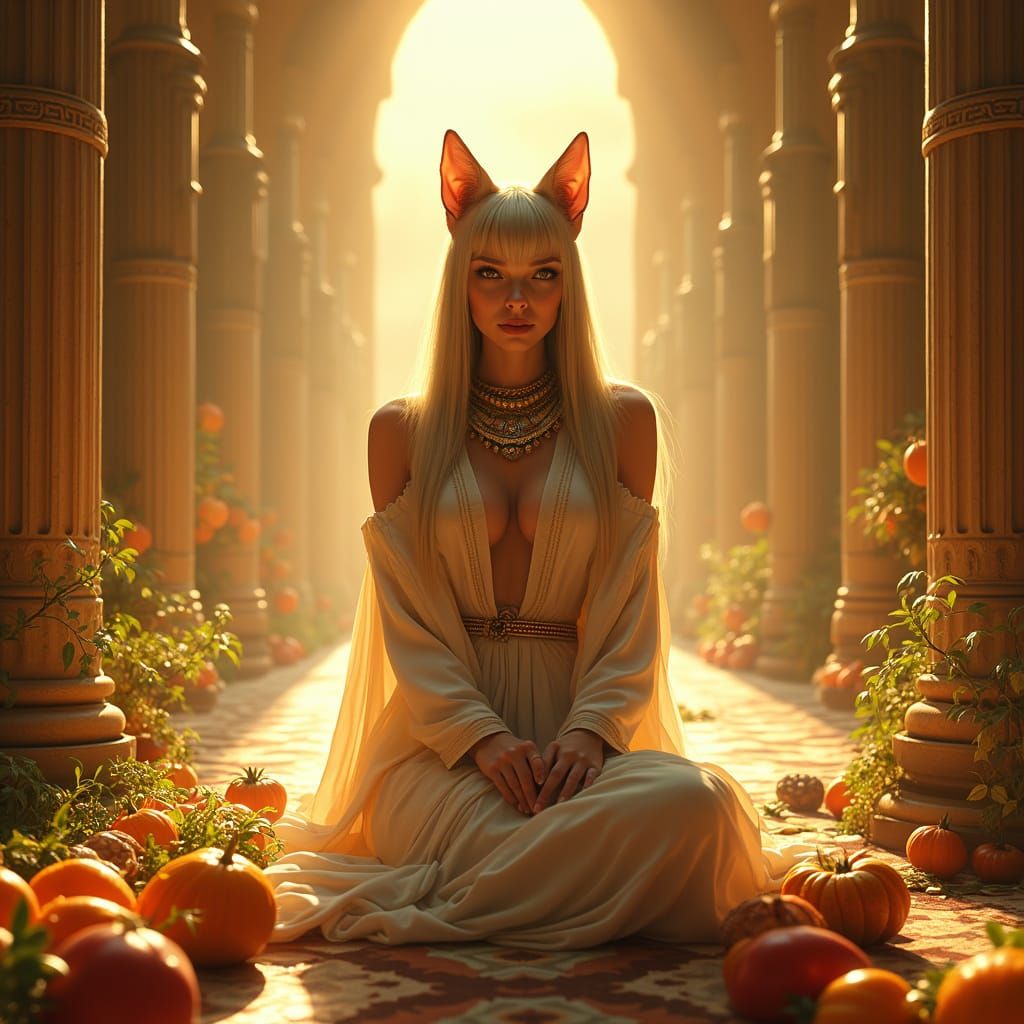 Elegant Bastet in Temple: Art Nouveau Style