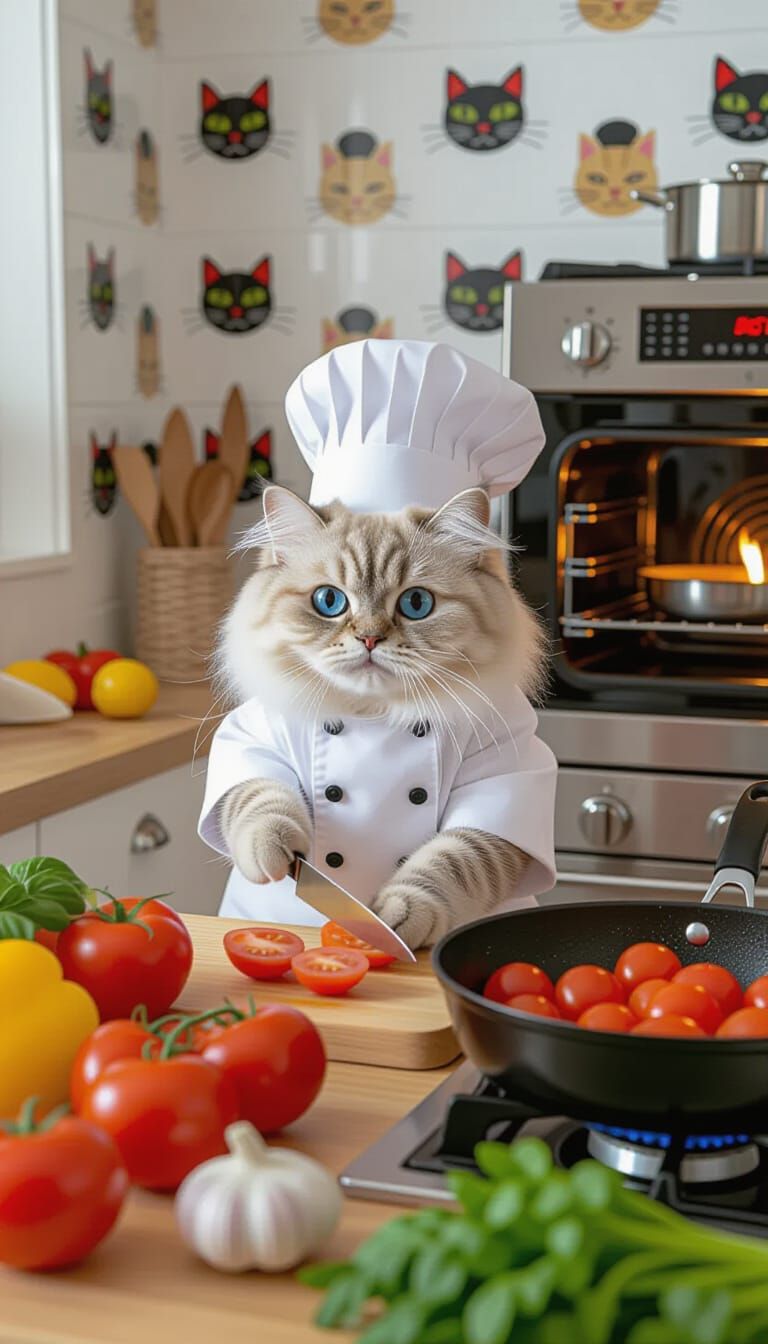 Kitten Chef Prepares Vegetables in Hyper-Realistic Kitchen