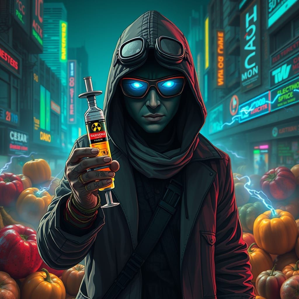 Cyberpunk Hacker in a Glowing Foodscapes Dystopia