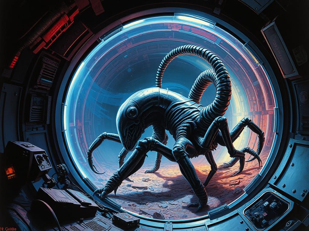 Alien Crawls into Liminal Spacecraft in Deep Colors