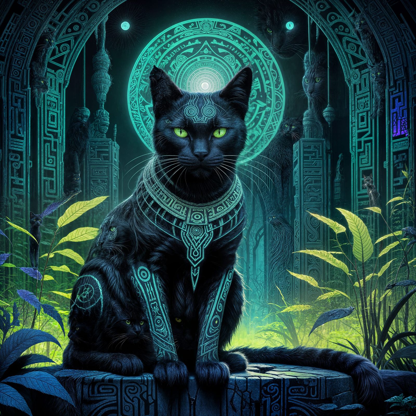 Tribal Black Cat with Cybernetic Eye in Ruins