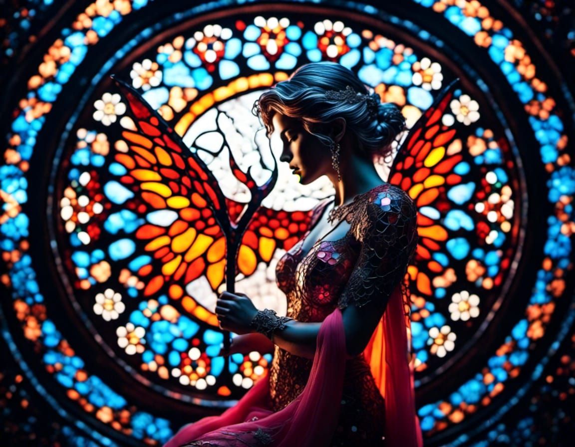Majestic Diablo Warrior in Stained Glass Window