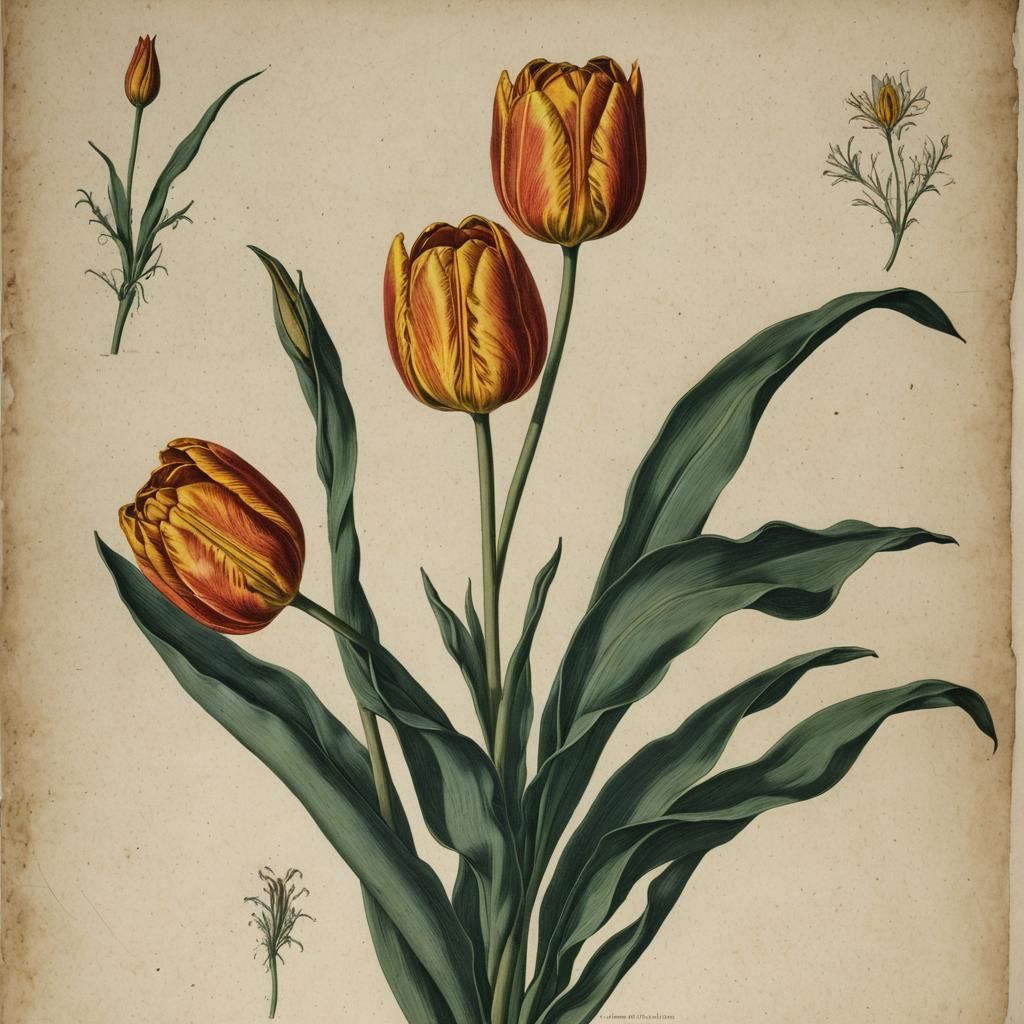 Antique Botanical Tulip Illustration: Colored Engraving Styl...