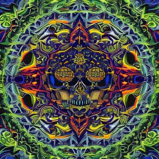 ink splatter of "Dinosaur skull, prismatic, jeweled, by artist ""Alex Grey"", 16k Resolution, Highly Detailed, Beautiful...