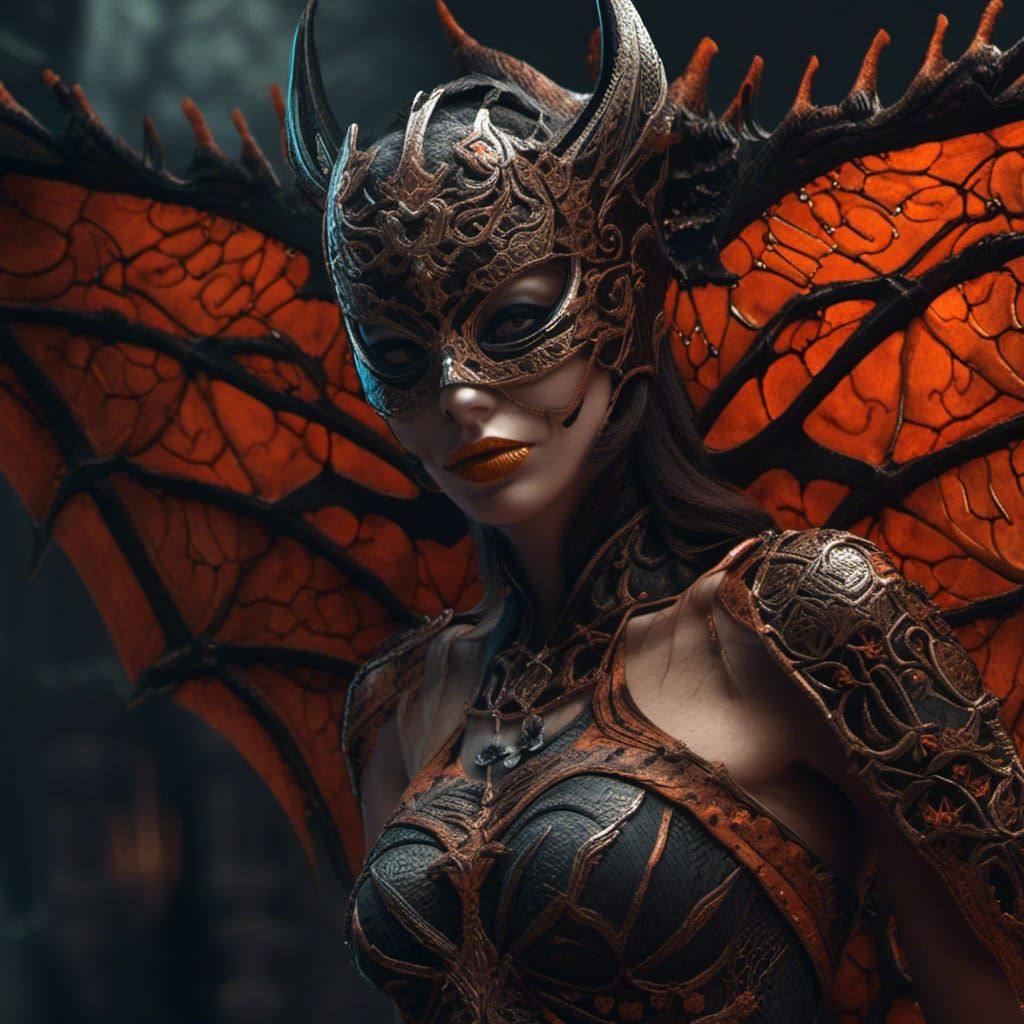 Frightened Goddess with Bat Mask in Fantasy Art