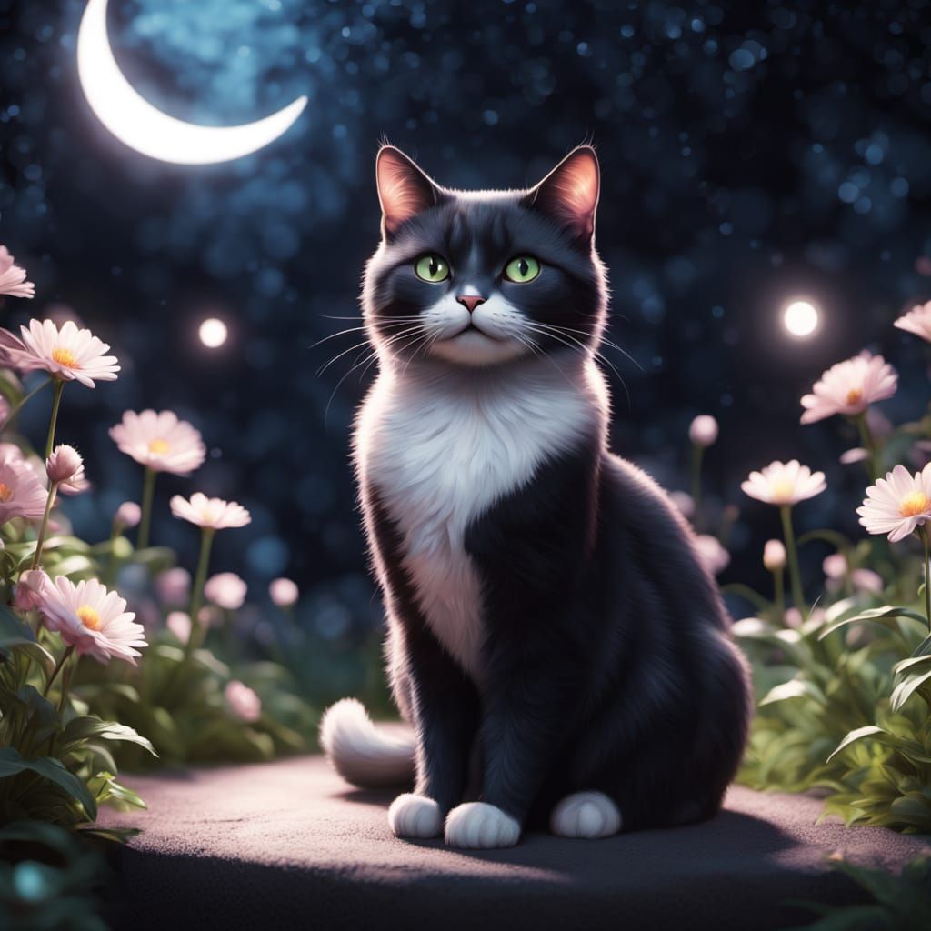 Whimsical Moonlit Garden Scene with Tuxedo Cat